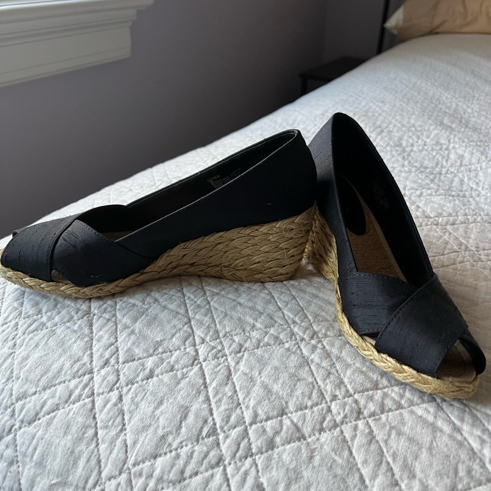 Ralph Lauren Black Espadrille Wedge Peep-Toe